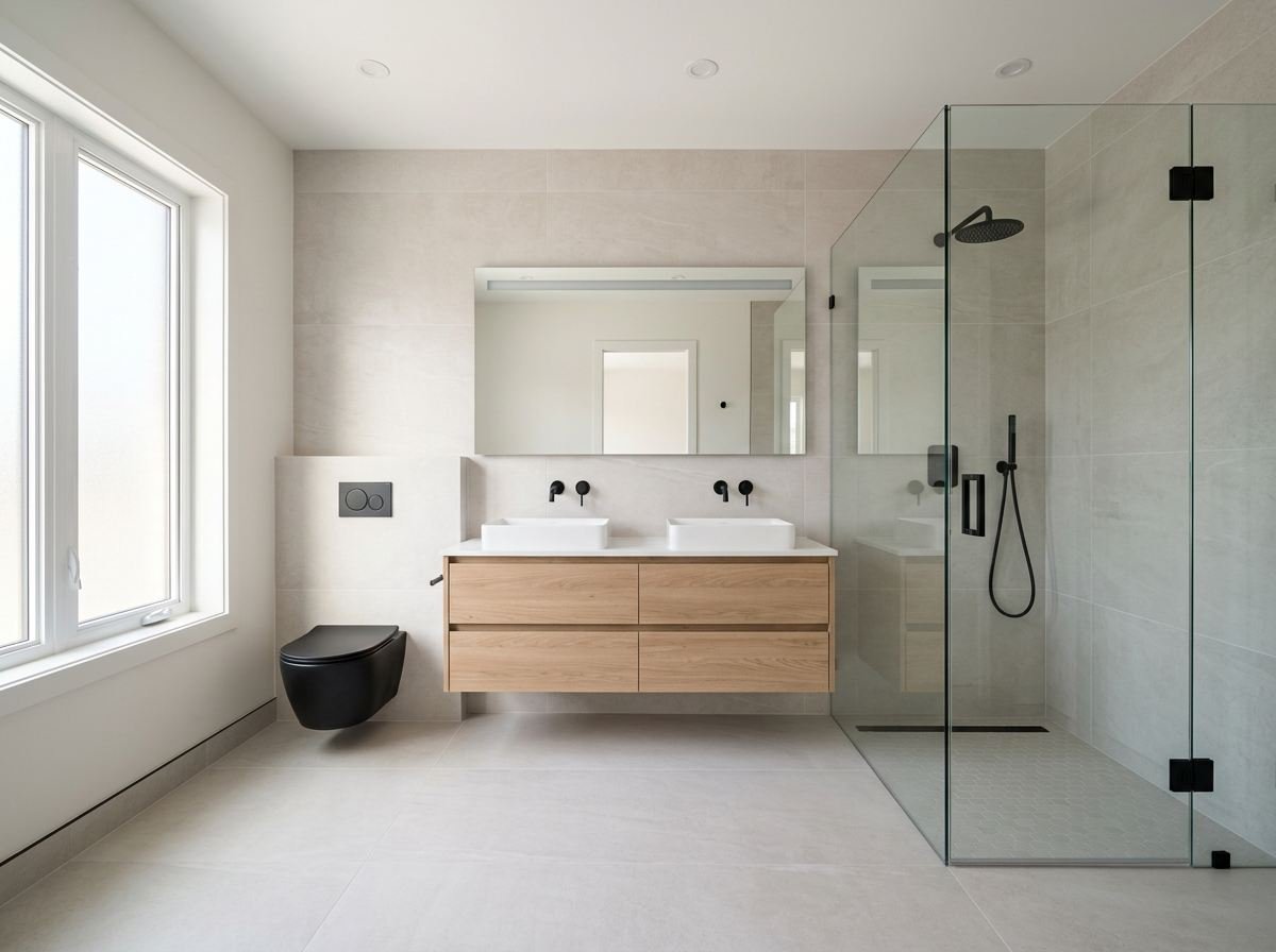 Remodeled modern bathroom with walk-in shower