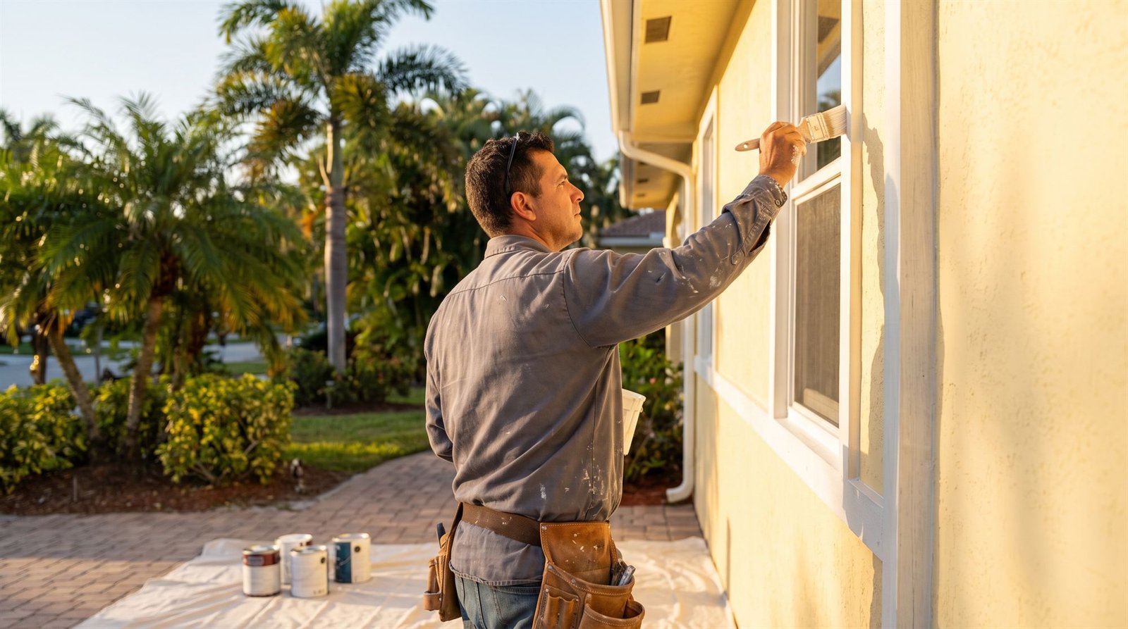 Contractor painting the exterior trim of a South Florida home