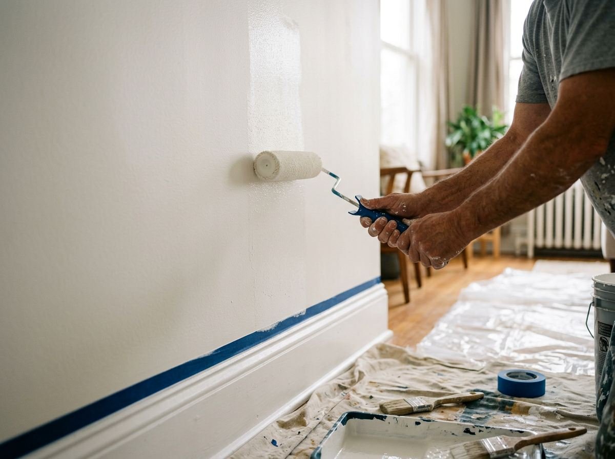 Painter rolling fresh white paint onto an interior wall